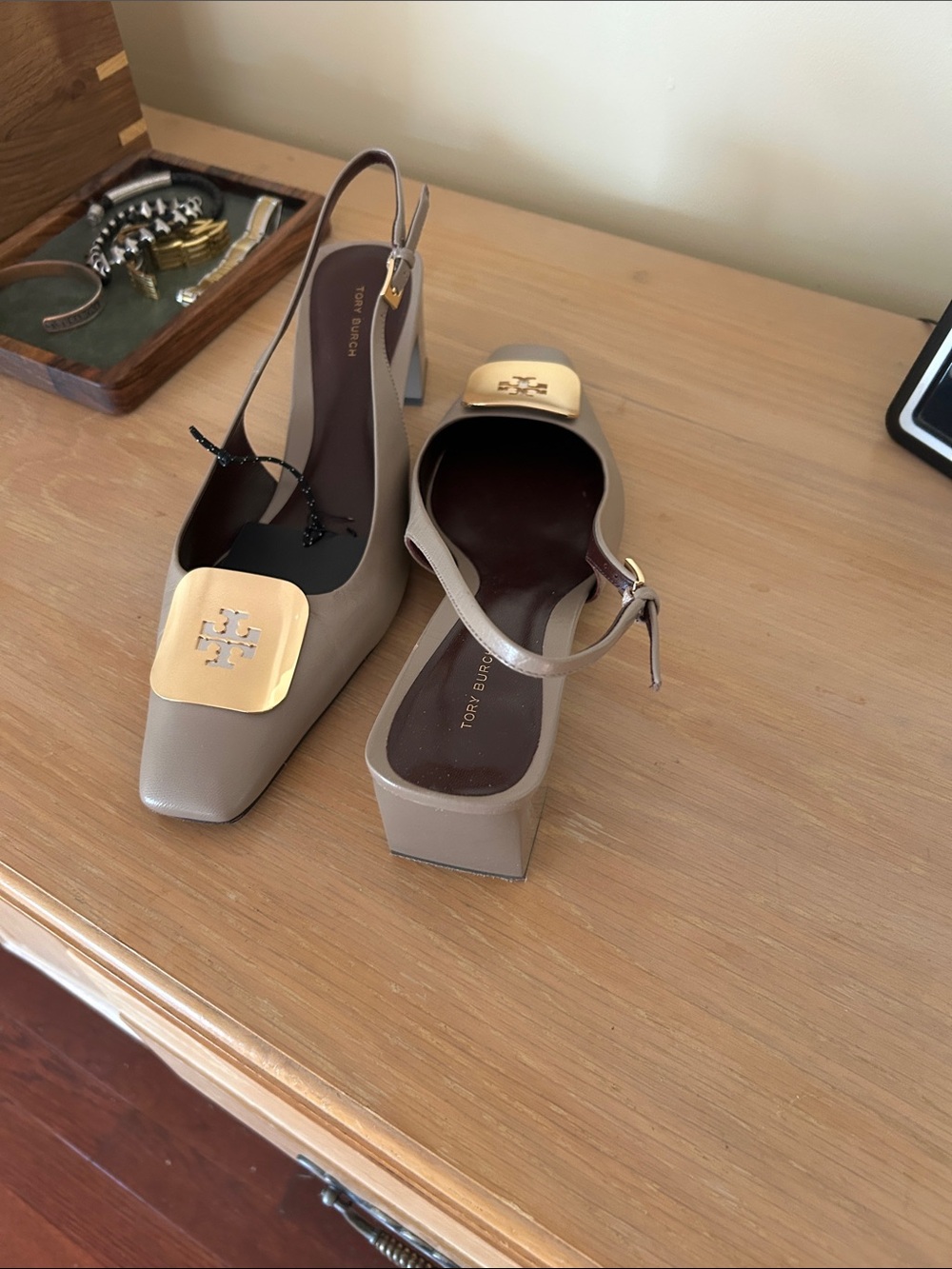 Tory Burch Taupe Leather Slingback Flats with Gold Logo Plate - Picture 3 of 3